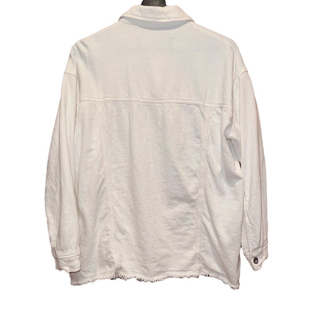 Zara Oversized White Denim Jacket Womens S Frayed Hem Button Down Shacket - Picture 6 of 11